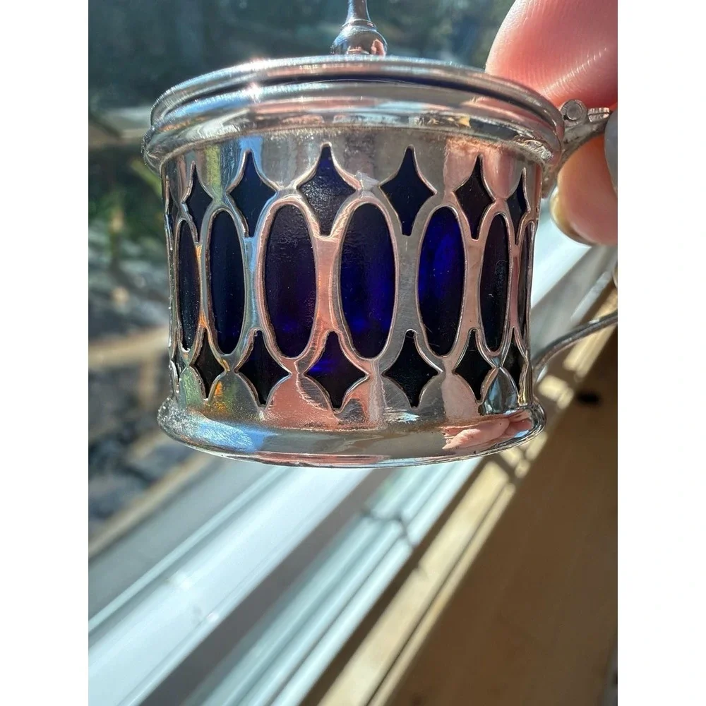 Vintage Cheltenham & Co Silver Plate Mustard Pots‎ Cobalt Blue Glass Set of 2